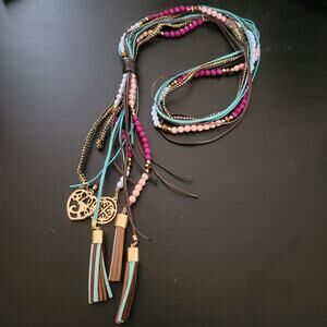 Boho tassel long lariat necklace, brown, fuscia pink, teal blue, gold love charm